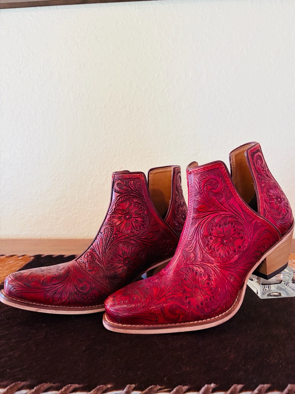 Myra Bag Red Tooled Floral Leather Ankle Booties
